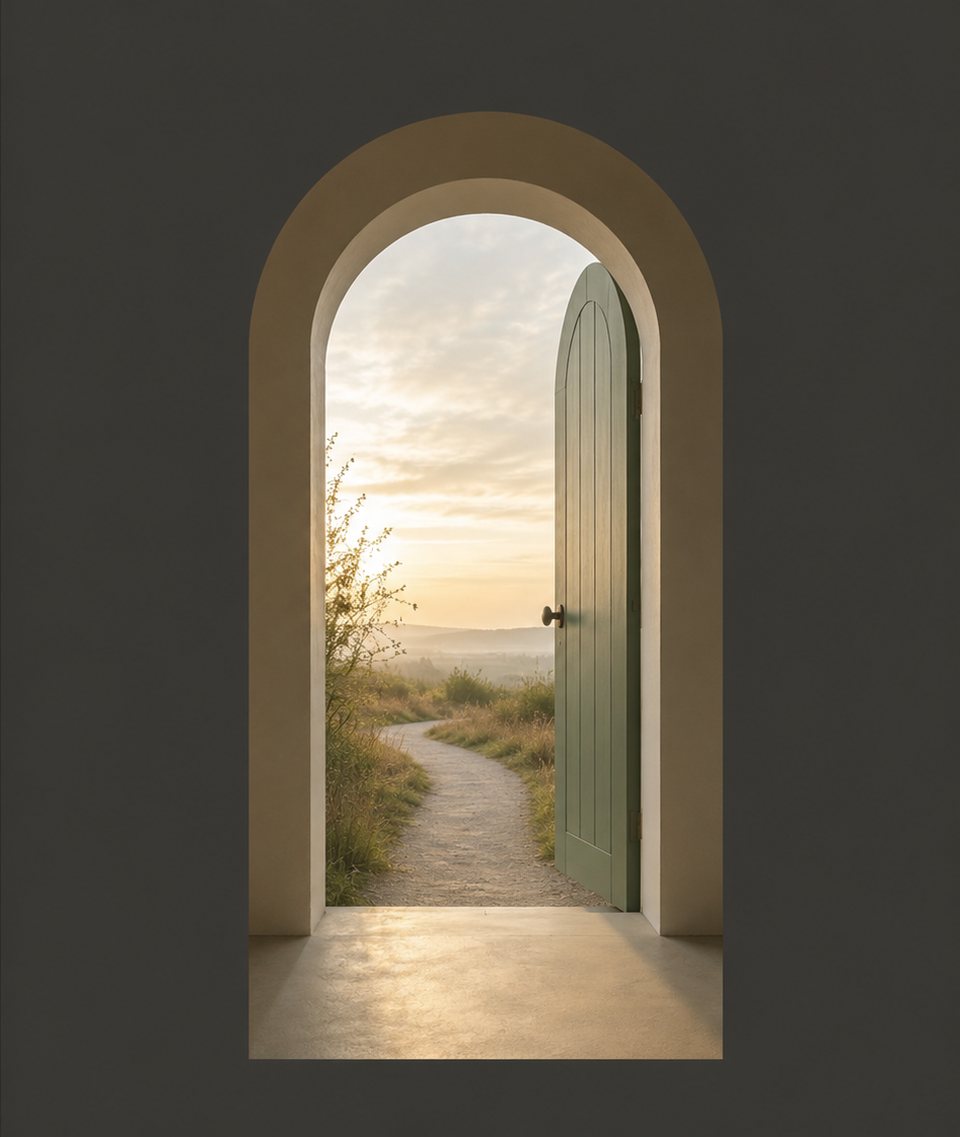 An arched doorway with a sage green door opening onto a winding path at sunrise