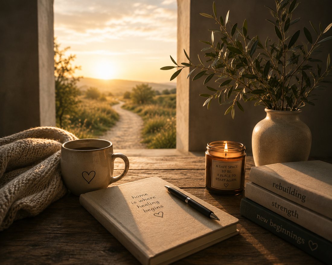 A warm desk at golden hour: a journal reading home is where healing begins, a candle, coffee, and a winding path through the window